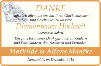 Glückwunschanzeige von Mathilde und Alfons Mantke