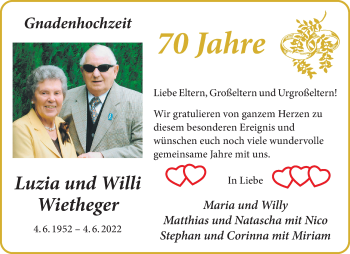 Glückwunschanzeige von Luzia uns Willi Wietheger