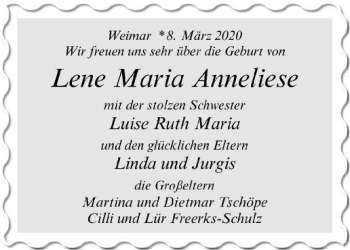 Glückwunschanzeige von Lene Maria Anneliese 
