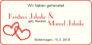 Glückwunschanzeige von Kristina und Marcel Jahnke