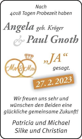 Glückwunschanzeige von Angel (geb. Kröger) Paul Gnoth