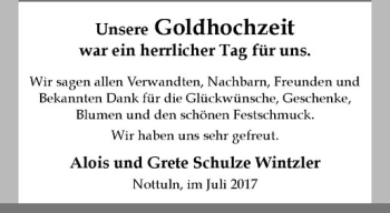 Glückwunschanzeige von Alois und Grete Schulze Wintzler
