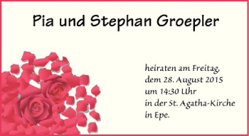 Glückwunschanzeige von Pia und Stephan Groepler