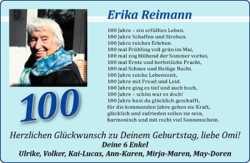 Glückwunschanzeige von Erika Reimann
