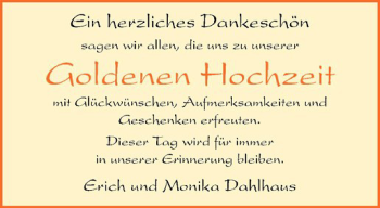 Glückwunschanzeige von Monika und Erich Dahlhaus