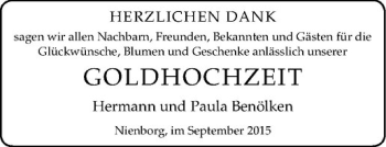 Glückwunschanzeige von Hermann und Paula Benölken
