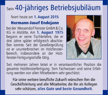 Glückwunschanzeige von Hermann-Josef Endejann