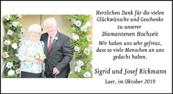 Glückwunschanzeige von Sigrid Josef Rickmann