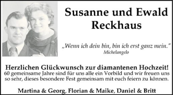 Glückwunschanzeige von Susanne und Ewald Reckhaus