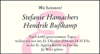 Glückwunschanzeige von Stefanie & Hendrik Hamachers & Bußkamp