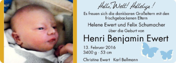 Glückwunschanzeige von Henri Benjamin Ewert