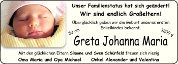 Glückwunschanzeige von Greta Johanna Maria Schürfeld
