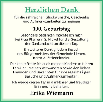 Glückwunschanzeige von Erika Wiemann