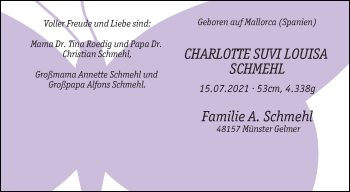 Glückwunschanzeige von Charlotte Suvi Louisa Schmehl
