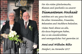 Glückwunschanzeige von Anni und Wilhelm Bilke