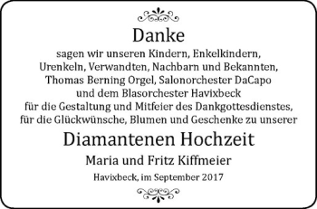 Glückwunschanzeige von Maria & Fritz Kiffmeier
