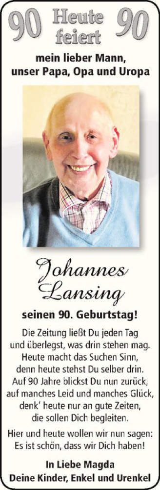 Glückwunschanzeige von Johannes Lansing