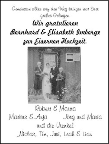 Glückwunschanzeige von Bernhard und Elisabeth Imberge