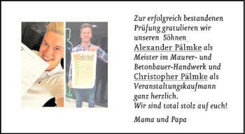 Glückwunschanzeige von Alexander und Christopher Pälmke