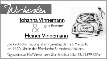 Glückwunschanzeige von Johanna & Heiner Vinnemann