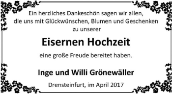 Glückwunschanzeige von Inge und Willi Grönewäller