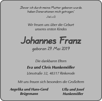 Glückwunschanzeige von Johannes Franz 