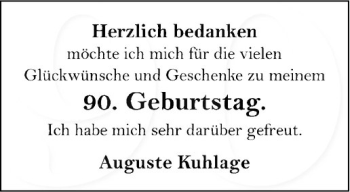 Glückwunschanzeige von Auguste Kuhlage