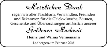 Glückwunschanzeige von Wilma und Heinz Vennemann