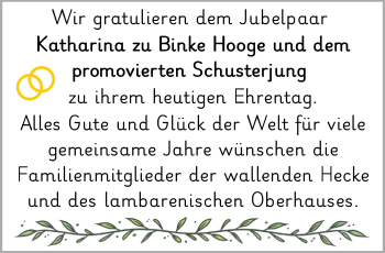 Glückwunschanzeige von Katharina zu Binke Hooge