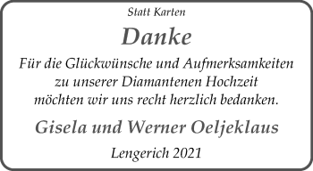 Glückwunschanzeige von Gisela und Werner Oeljeklaus