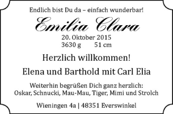 Glückwunschanzeige von Emilia Clara 
