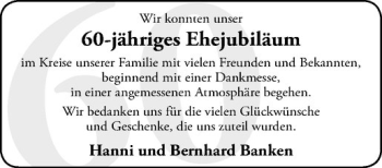 Glückwunschanzeige von Hanni und Bernhard Banken
