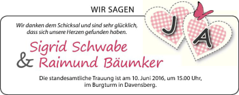 Glückwunschanzeige von Sigrid Schwabe & Raimund Bäumker 