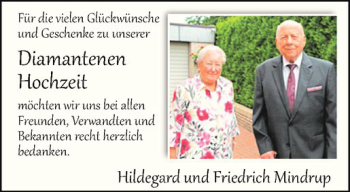 Glückwunschanzeige von Hildegard und Friedrich Mindrup