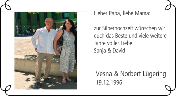 Glückwunschanzeige von Vesna und Norbert Lügering