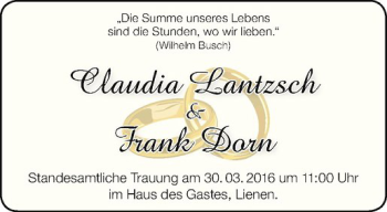 Glückwunschanzeige von Claudia und Frank Lantzsch und Dorn