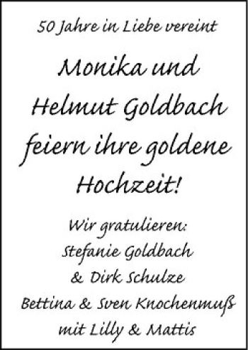 Glückwunschanzeige von Monika und Helmut Goldbach