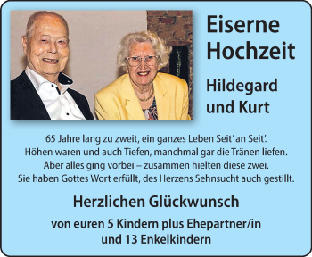 Glückwunschanzeige von Hildegard und Kurt 
