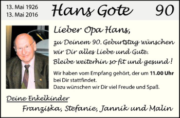 Glückwunschanzeige von Hans Gote