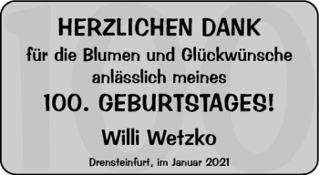 Glückwunschanzeige von Willi Wetzko