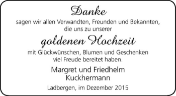 Glückwunschanzeige von Margret und Friedhelm Kuckhermann