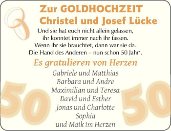 Glückwunschanzeige von Christel & Josef Lücke