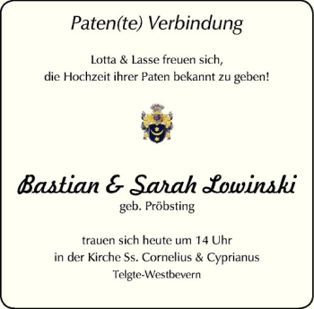 Glückwunschanzeige von Bastian und Sarah Lowinski