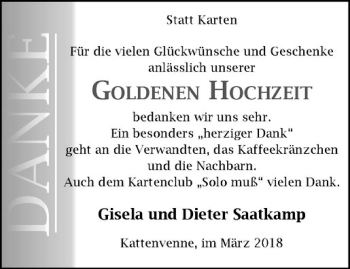 Glückwunschanzeige von Gisela und  Dieter Saatkamp