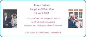 Glückwunschanzeige von Margrit und Walter Kins