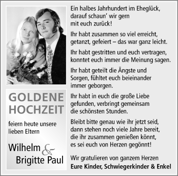 Glückwunschanzeige von Wilhelm und Brigitte Paul