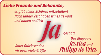 Glückwunschanzeige von Jessica und Philipp de Vries