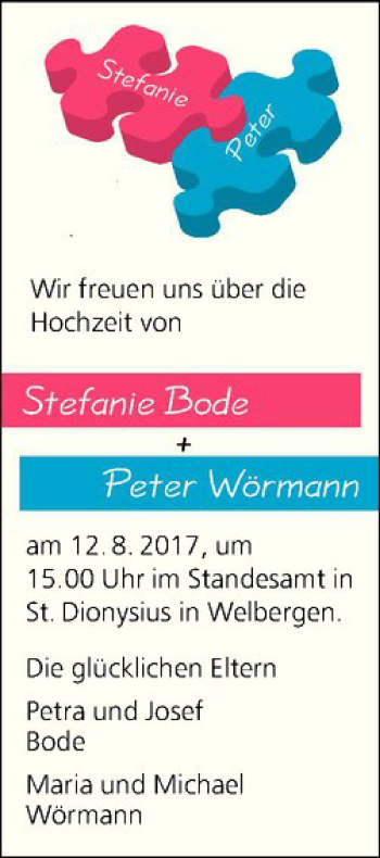 Glückwunschanzeige von Stefanie und Peter Bode und Wörmann