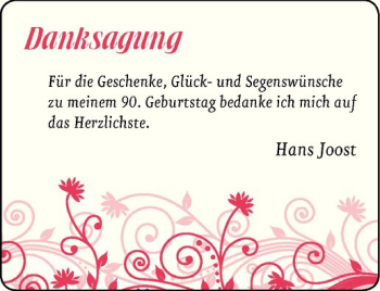 Glückwunschanzeige von Hans Joost