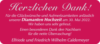 Glückwunschanzeige von Elfriede und Friedrich Wilhelm Caldemeyer
